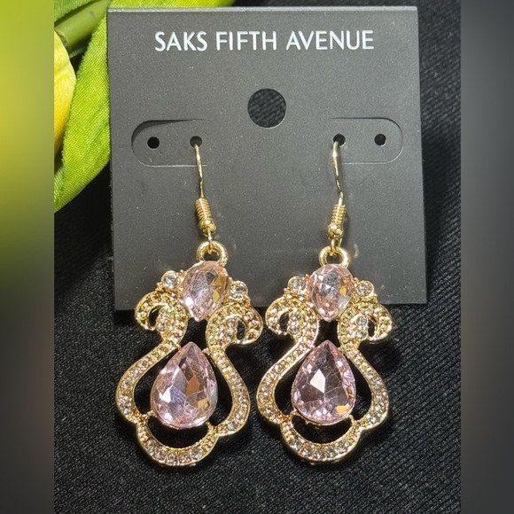 Saks Fifth Avenue Pink Crystal Gold Statement Earrings 2.25in - Picture 4 of 6